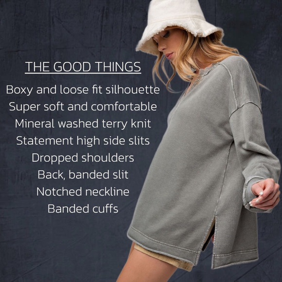 EASEL "All Good Things" Loose & Soft Mineral Washed Top V-Neck Side & Back Slits - Picture 2 of 16
